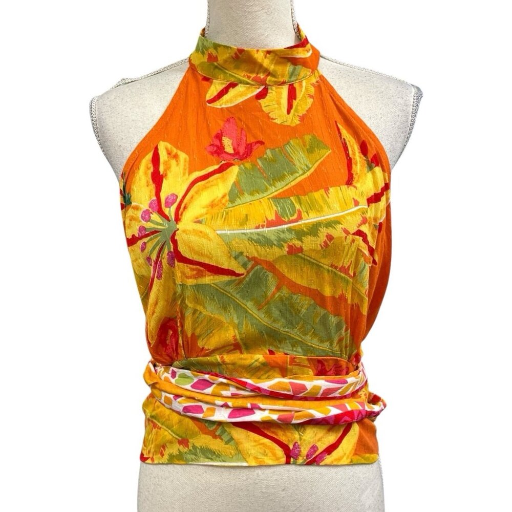 Haute Hippie Halter Top M Tropical Floral High Neck Smocked‎ Vacation Resort